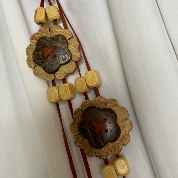 Fun Boho 72” Long Belt,Necklace,Wall Decor- Woden Flowers&Beads-Strung w/Leather - Picture 6 of 16